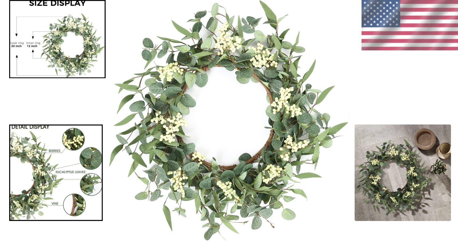 Vibrant 20” Eucalyptus Wreath – Durable Indoor/Outdoor Decor for All Seasons