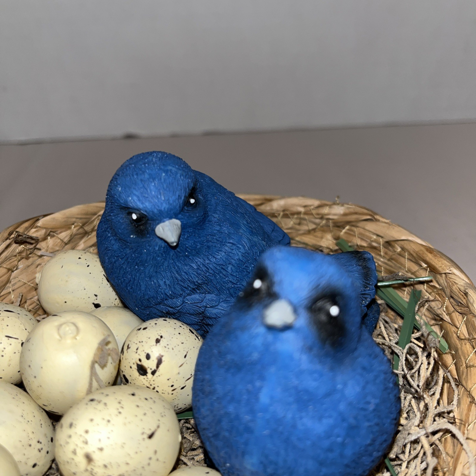 Vintage Decorative Bird Nest Basket W/Blue Birds & Speckled Eggs-Rustic Cottage