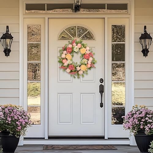 22 Inch Spring Summer Wreath for Front Door, Realistic Silk Peony & Hydrangea