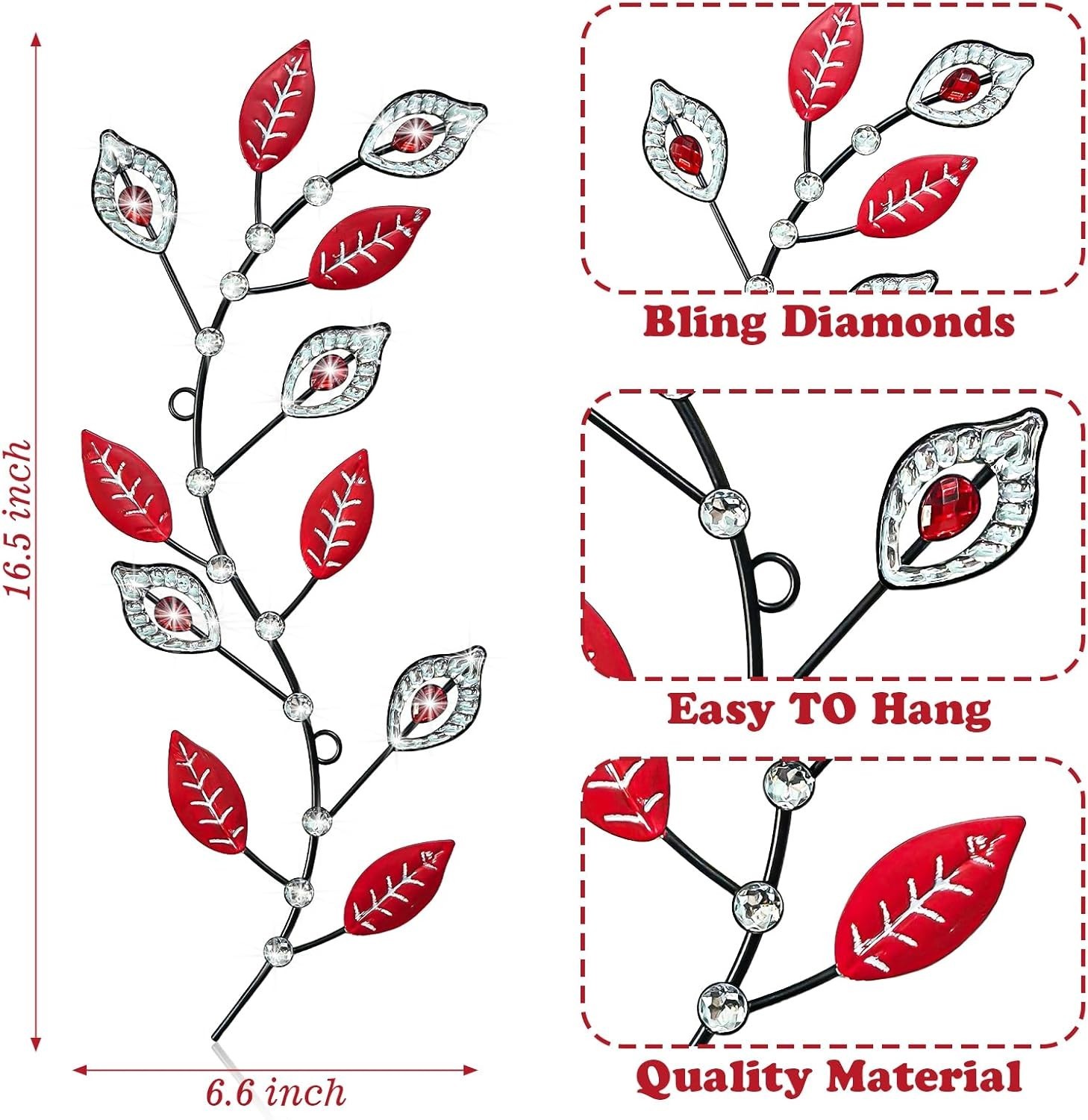2Pc Metal Tree Leaf Wall Art 3D Rhinestone Iron Branch Hanging Decor Red