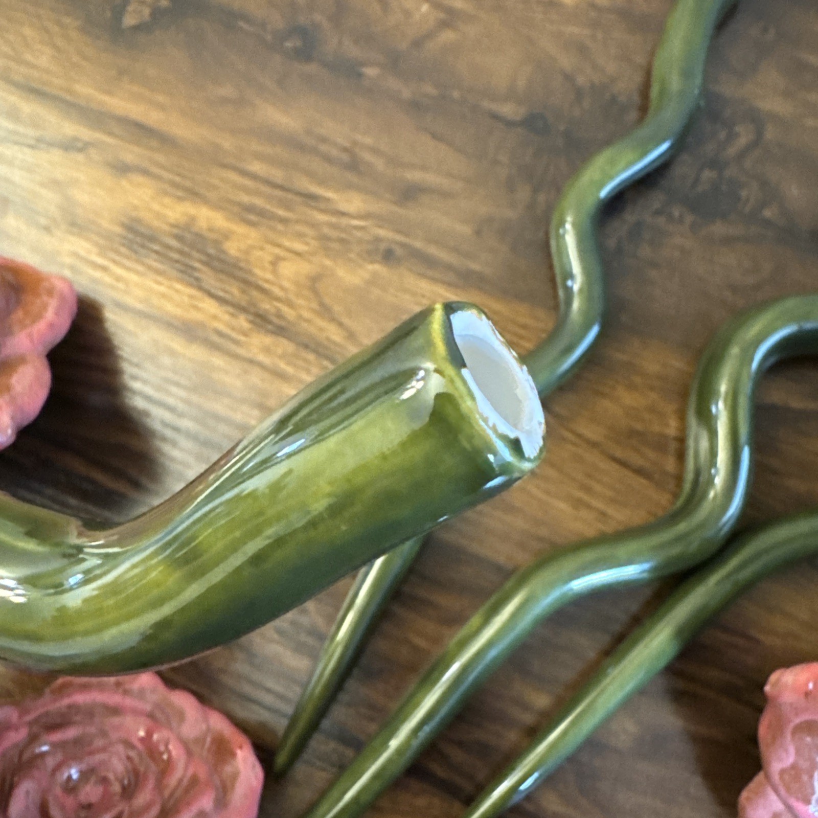Stoneware Ceramic Rose Flowers & Stems – Handmade Glazed Pink – Set of 4