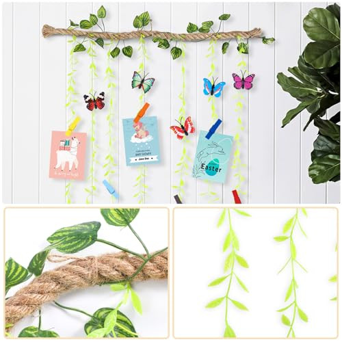Wall Hanging Photo Display with Artificial Leaves Vines, Macrame Photo