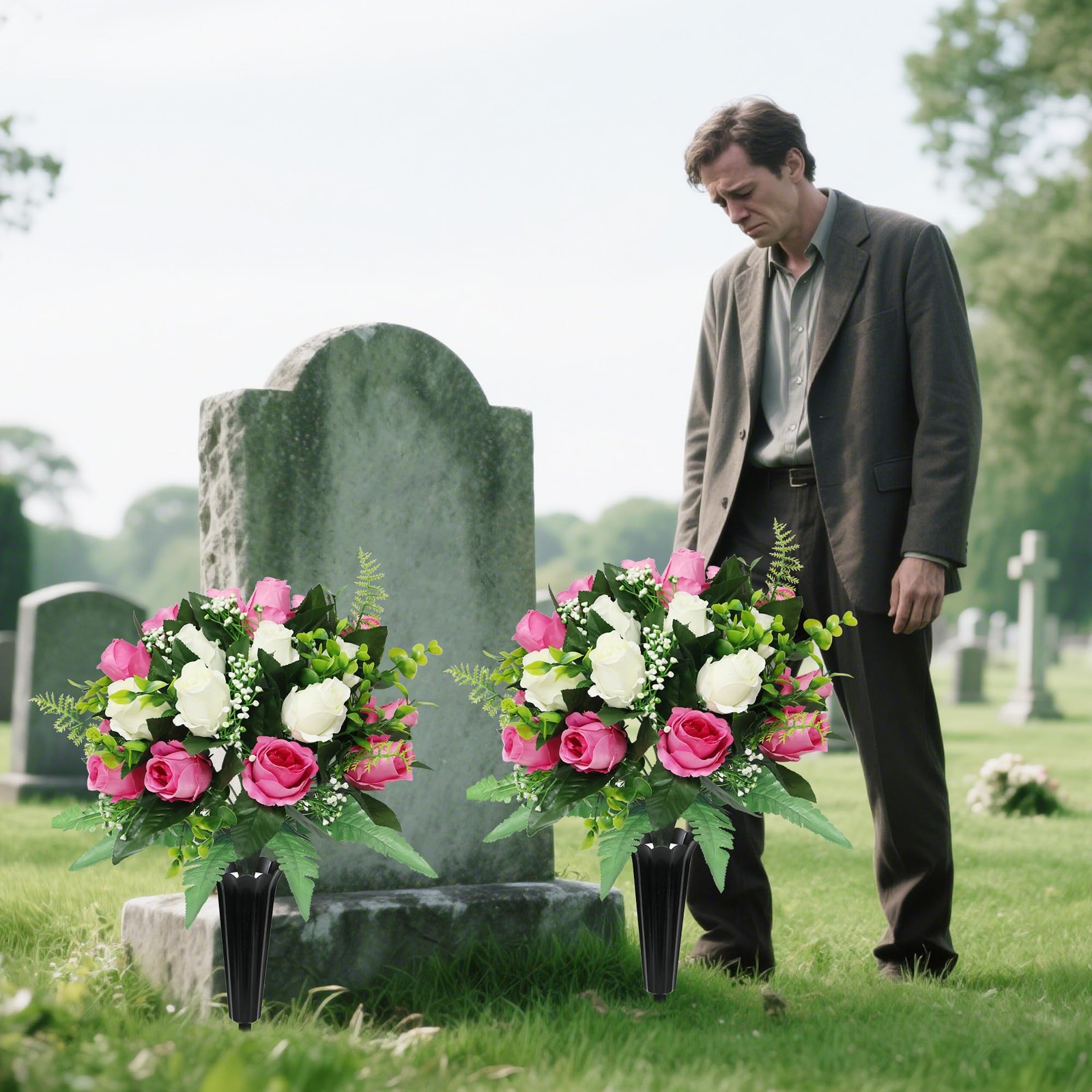 2 Sets Artificial Cemetery Flowers for Grave,Realistic Grave Flowers for Ceme…
