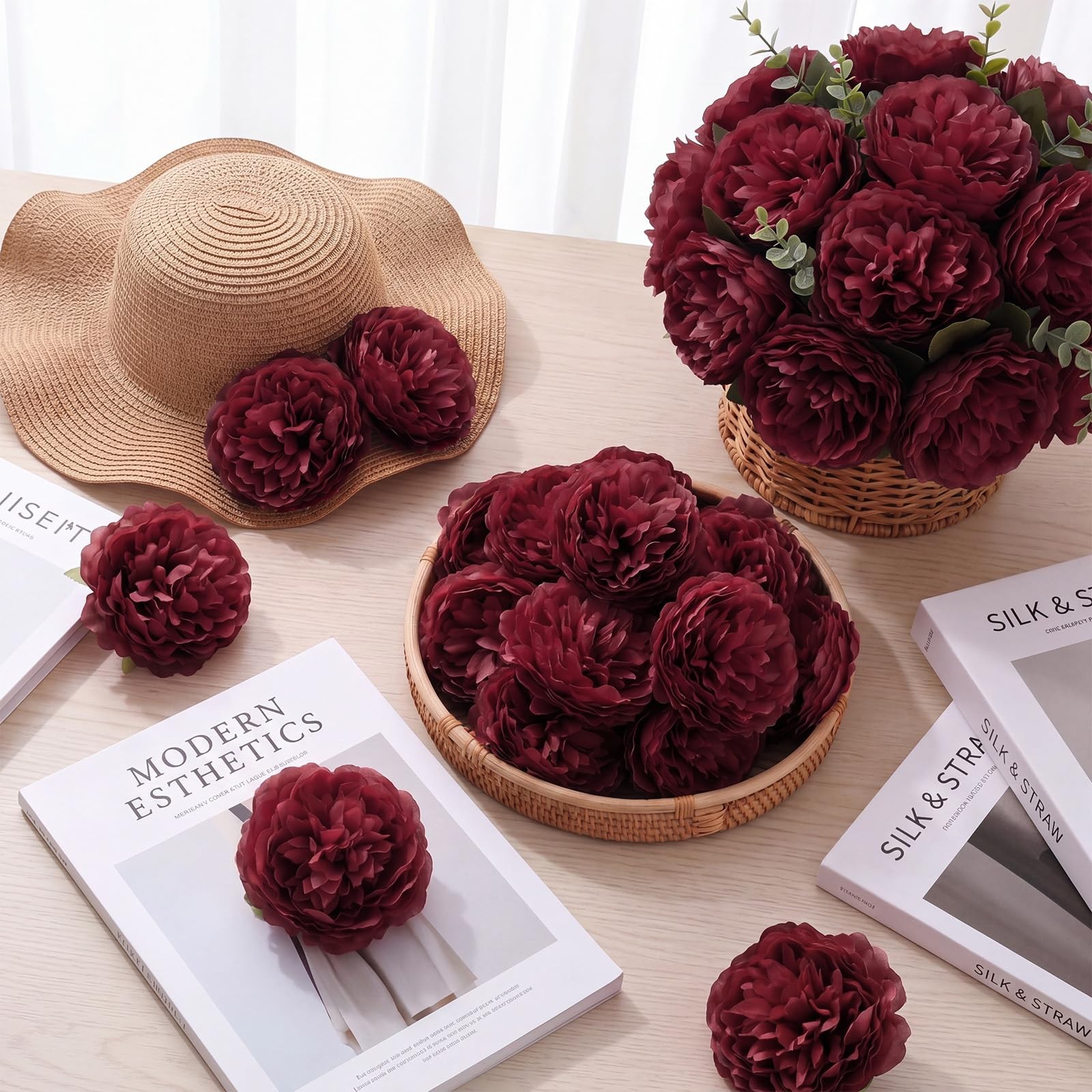 50 PCS 4.7 Inch Artificial Burgundy Peony Rose Heads Fake Flower Decor