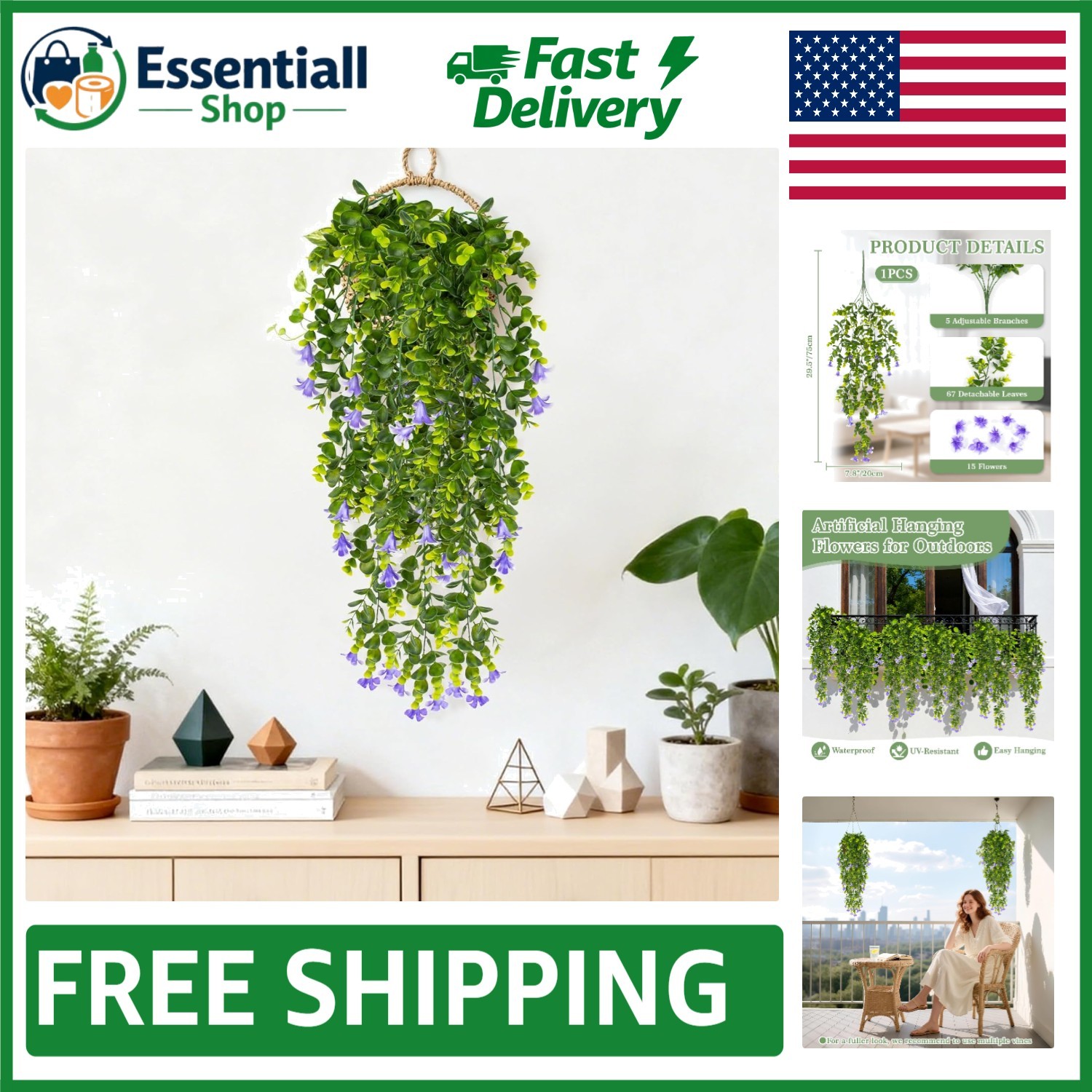 UV Resistant Purple Morning Glory & Eucalyptus Hanging Flower Vine for -Round…
