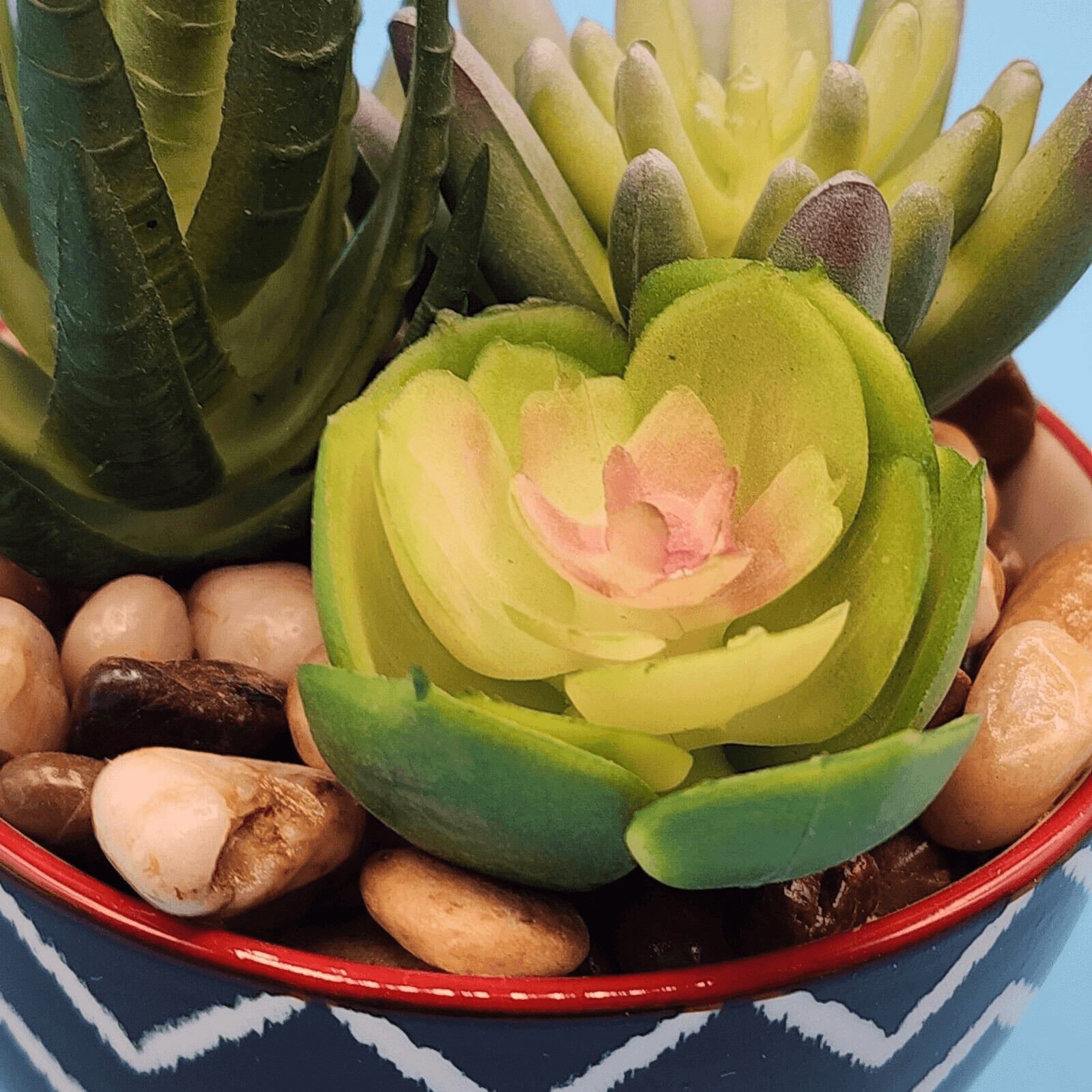 Faux Succulent Simulated Potted Plant Black White Red Chevron Pot Rock Accents