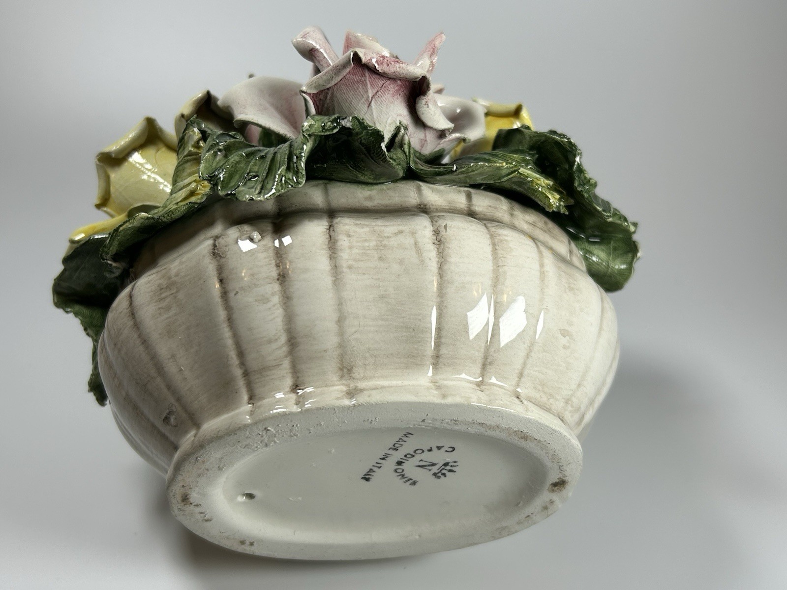 Porcelain Flower Centerpiece Capodimonte Italy Pink Yellow Roses 6.5” Long