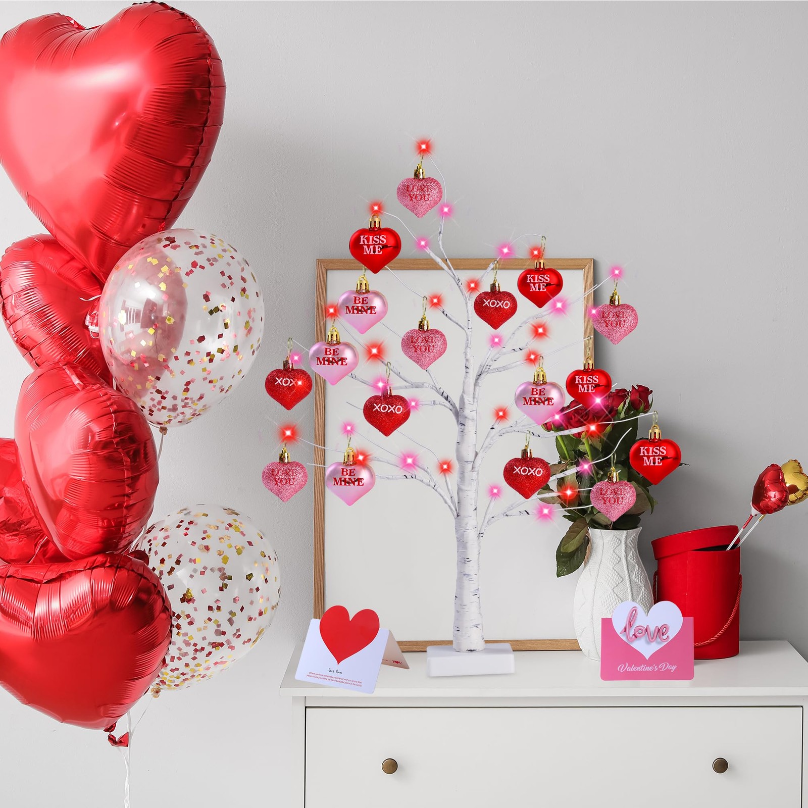2 Pack Birch Trees with Heart Ornaments 24’’ Artificial Heart Table Tree Vale…