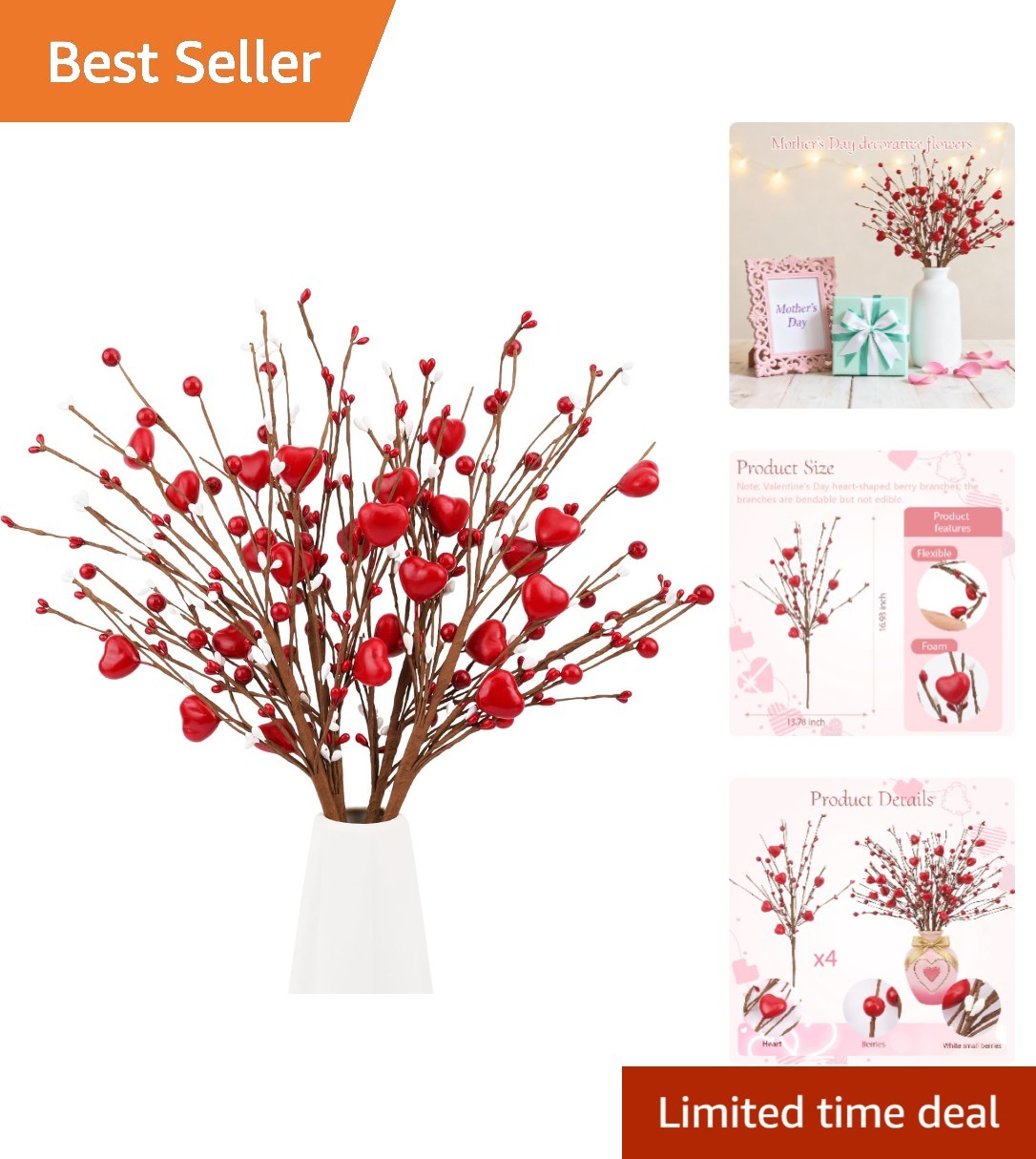 Valentine’s Day Heart Shaped Decorations – 4 Pcs for Candles and Bouquets