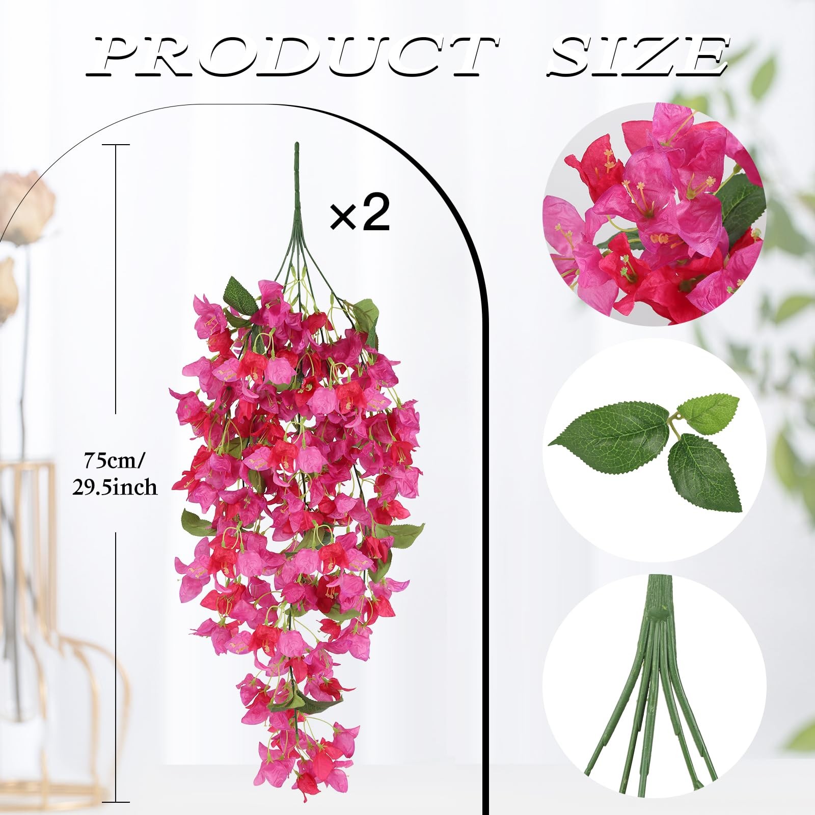 2Pcs Artificial Bougainvillea Hanging Flowers for Outdoor, 30in Silk Faux Pla…