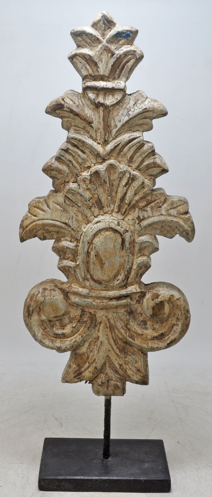 Hand Carved Wooden Flower Carving Panel Plaque on Stand Rustic White Painted