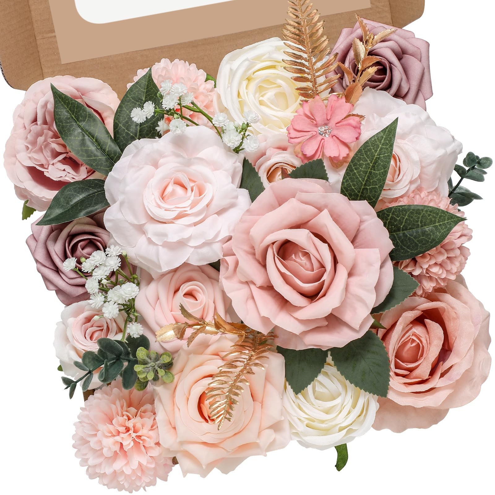 Artificial Flowers Box, Dusty Rose, Pink, White Roses, DIY Wedding Decor Bouquet