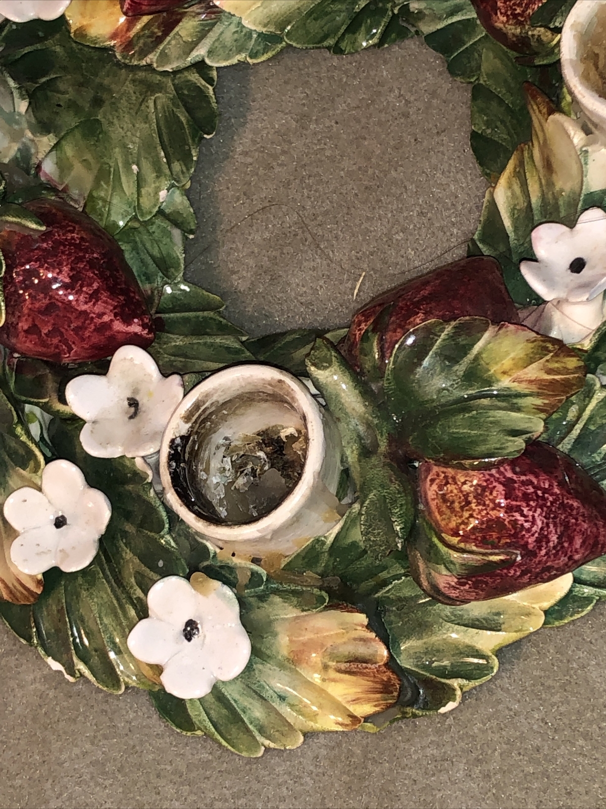 Ceramic Spring Strawberry Floral Wreath Candle Holder Signed Easter/320j