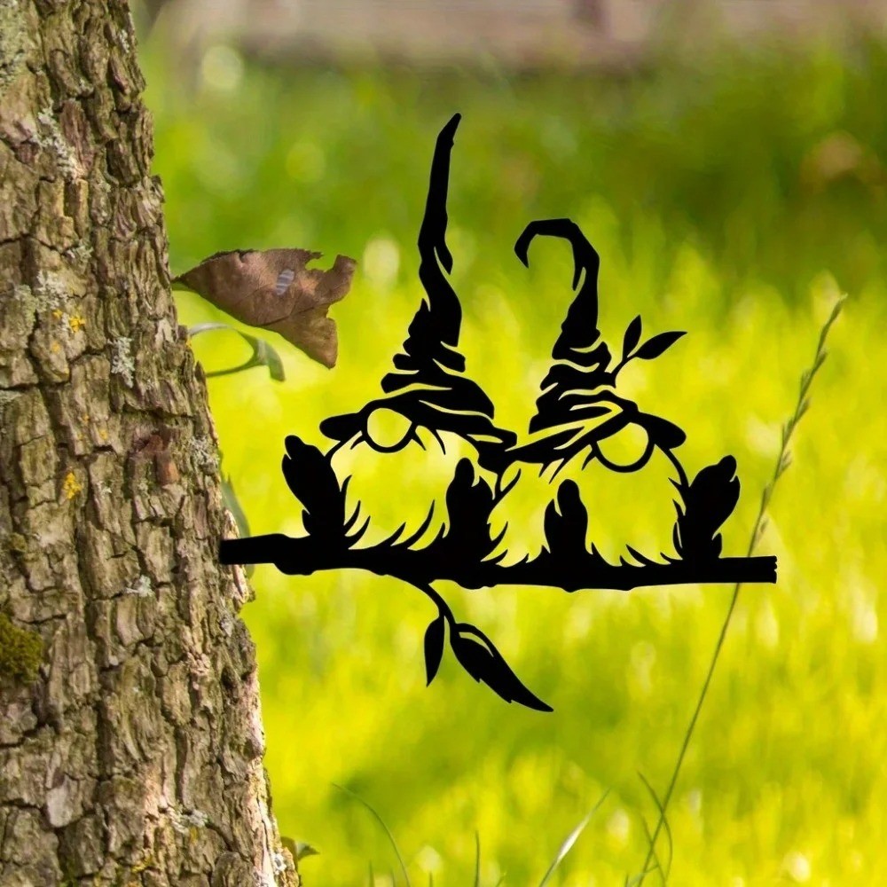 Elf Fungi Twig Metal Garden Wall Sculpture – Enchanting Outdoor Tree Decor Gift