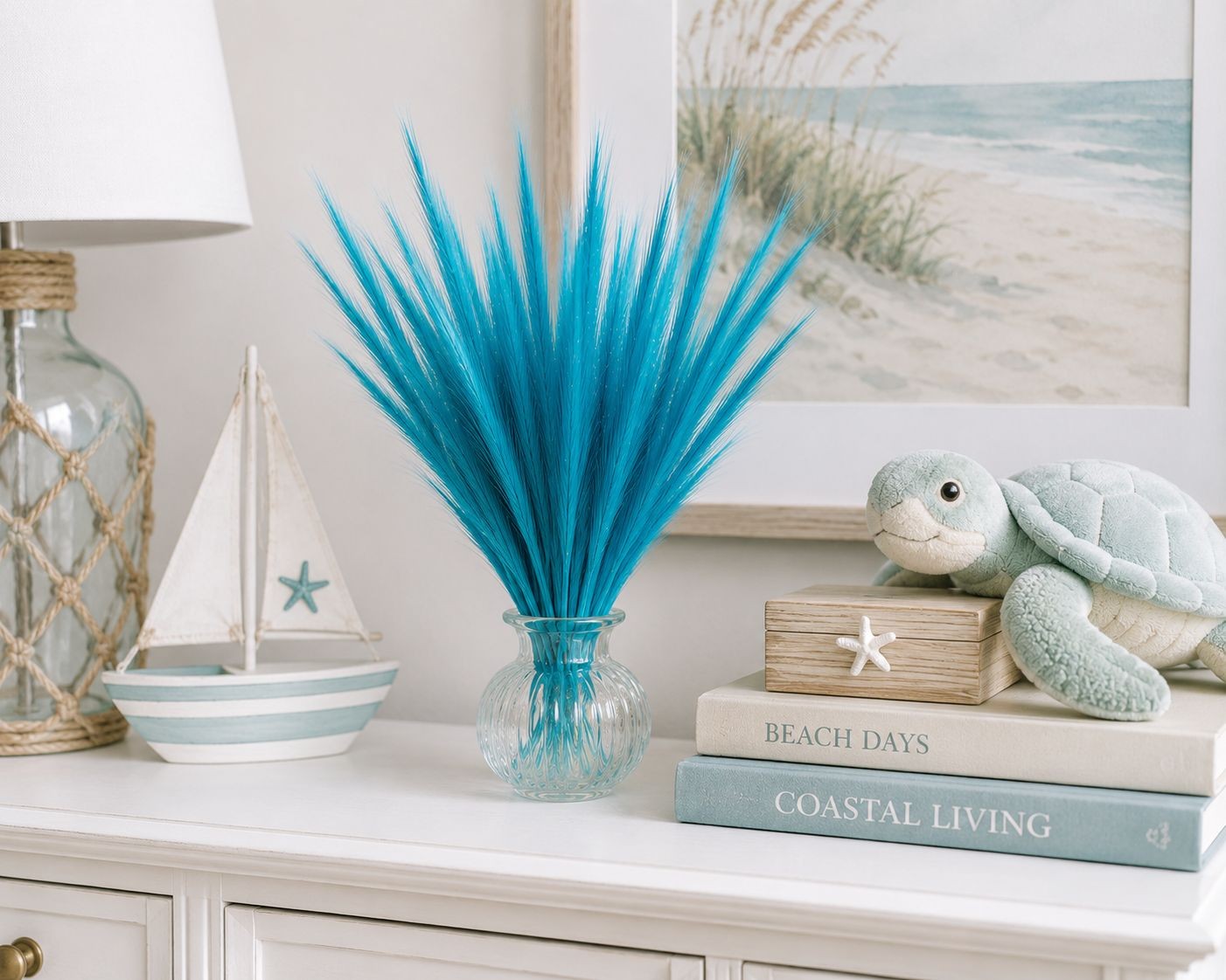 Turquoise Blue Artificial Pampas Grass 16 Inch 13 Stem Bunch, Wispy Coastal Vase