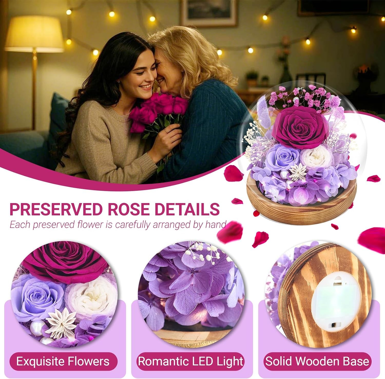 Preserved Flowers Roses in Glass Dome, Forever Flowers for Delivery Prime, Etern
