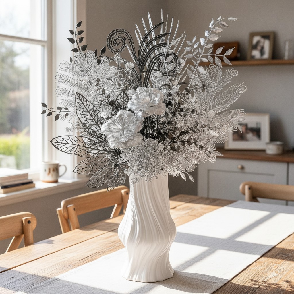 17-Inch Shimmering Black and Silver Artificial Bouquet, Modern Gothic Silk Flowe