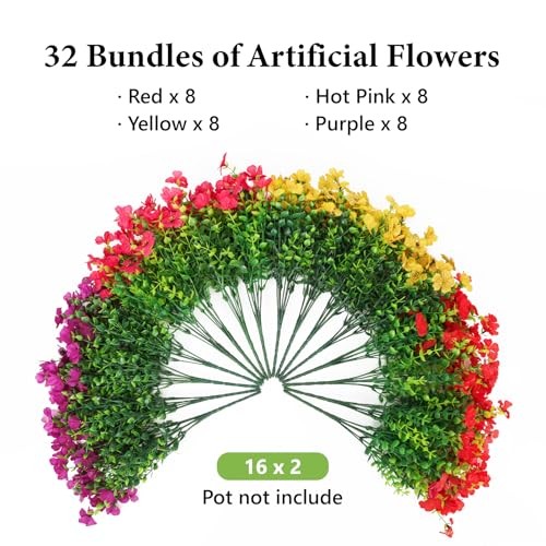 32 Bundles Artificial Flowers for 32 pcs Red+hot Pink+yellow+purple