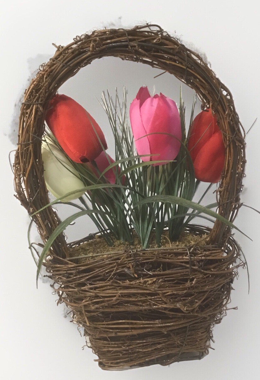 Woven Vine Wall Hanging With Six Artificial Tulips & Grass Red Pink White
