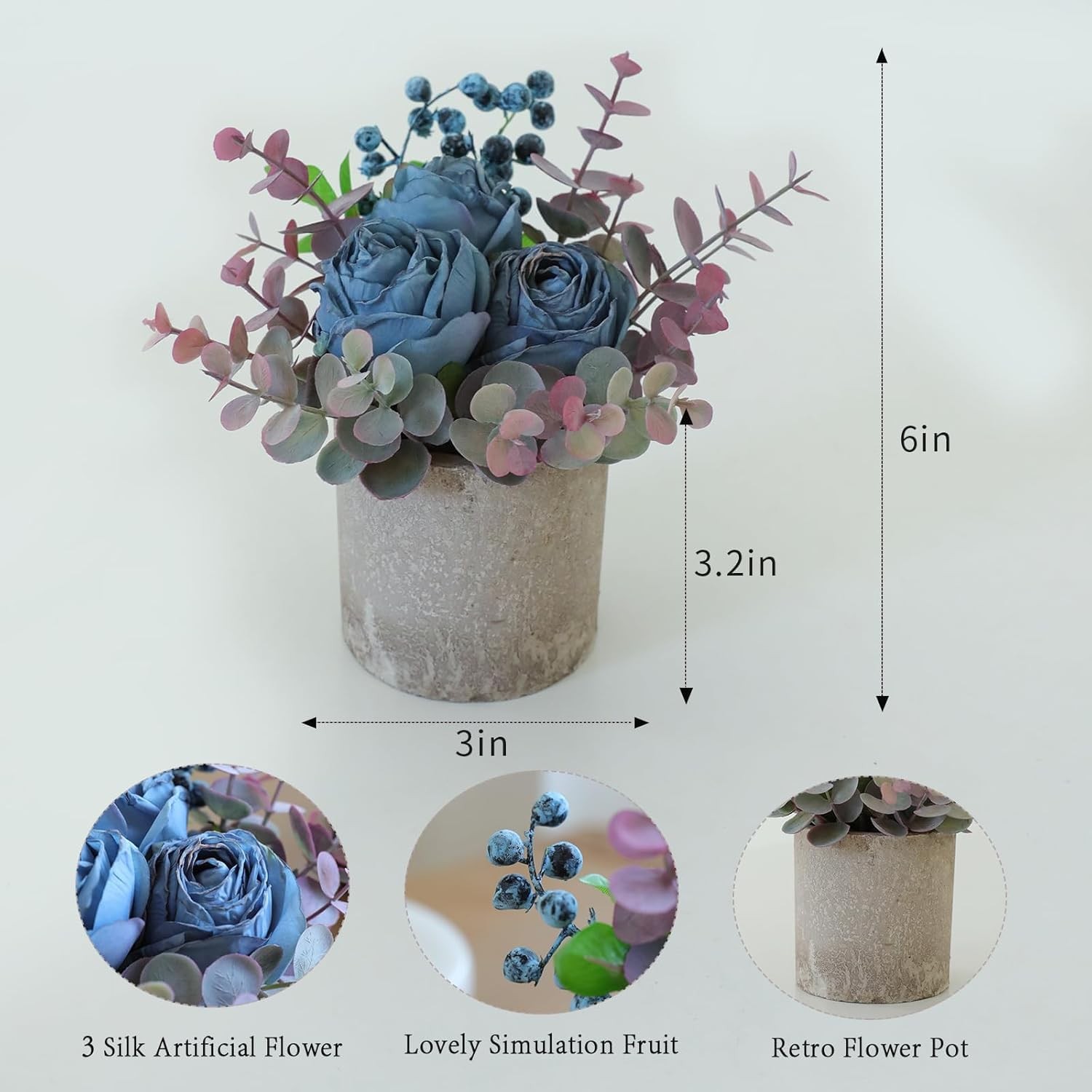Small Artificial 2pcs Burnt Blue Rose Potted Plant, 6″ Fake Silk Flowers in 3…