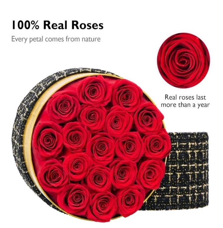 Eterfield Forever Flowers 27-Piece Preserved RED Roses in Round Gold Black Box