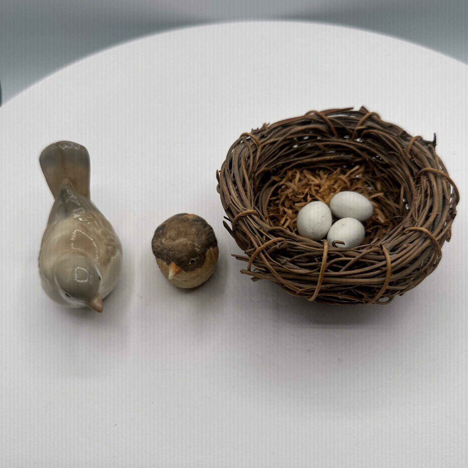 Vintage Porcelain Bird Nest Figurine Set 2 Birds 3 Eggs Woven Twig Nest Decor