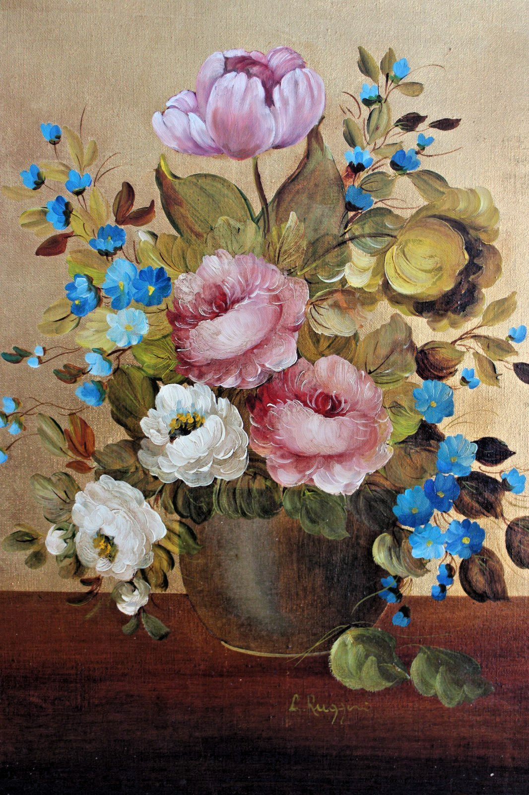BIG GOLD GILT ORIGINAL OIL PAINTING STILL LIFE FLORAL MID CENTURY SIGNED CANVAS