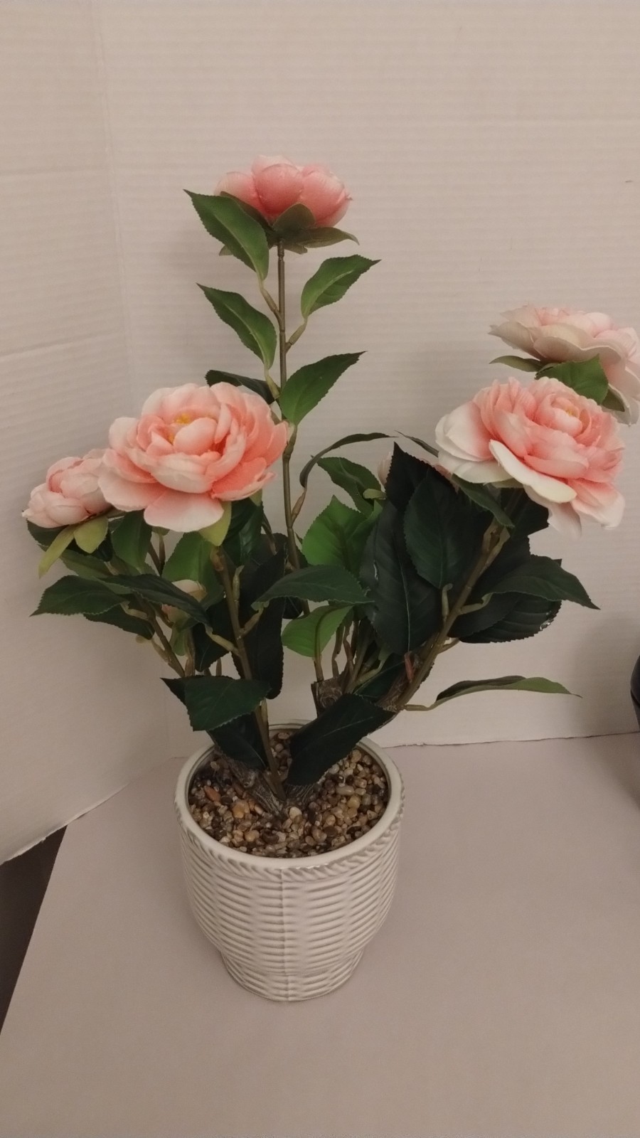 Artificial Camellia Pink/White Faux Plant In A Ceramic Pot, 20″ Tall