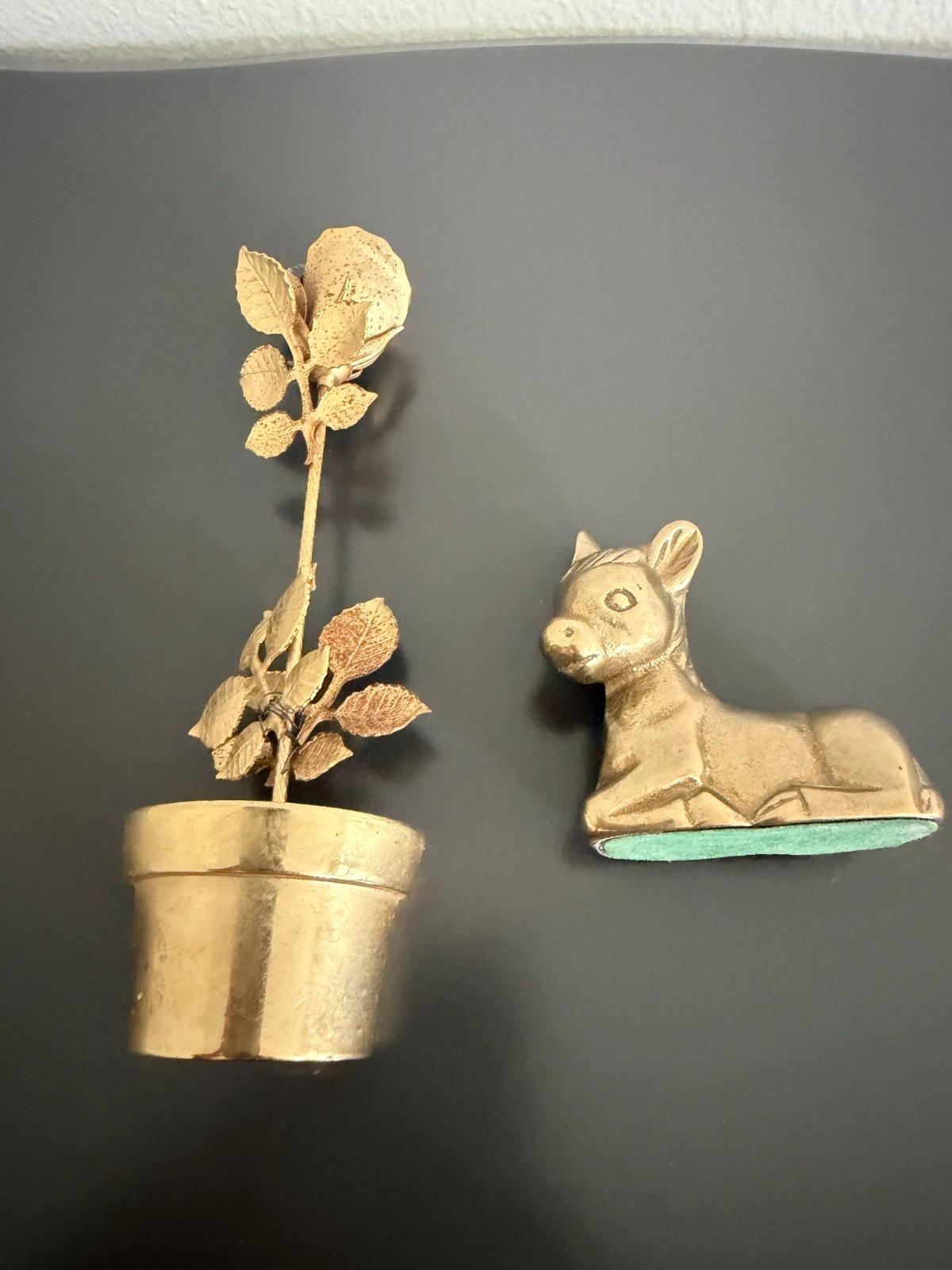 Vintage Brass Rose and Resting Fawn or Pony Figurine Miniature Home Decor MCM