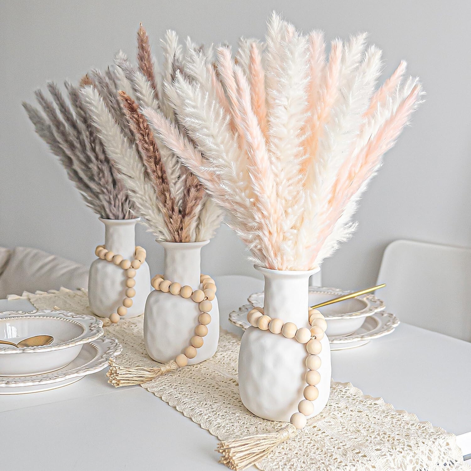 17 Inch Pink & White 30 pcs Pampas Grass with Wooden Elegant Beads – No Vase