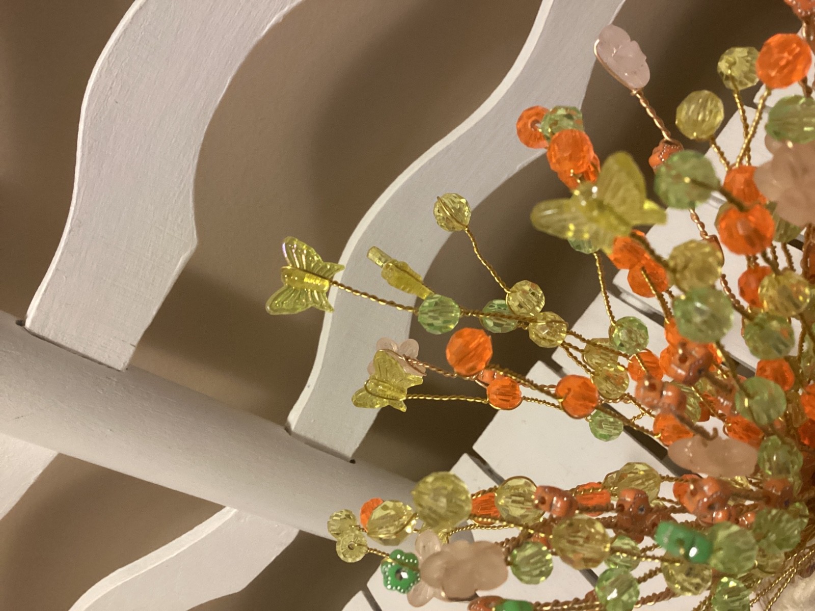 HANDMADE WIRE BEADED BOUQUET HOME DECOR YELLOW ORANGE GREEN WITH BOW