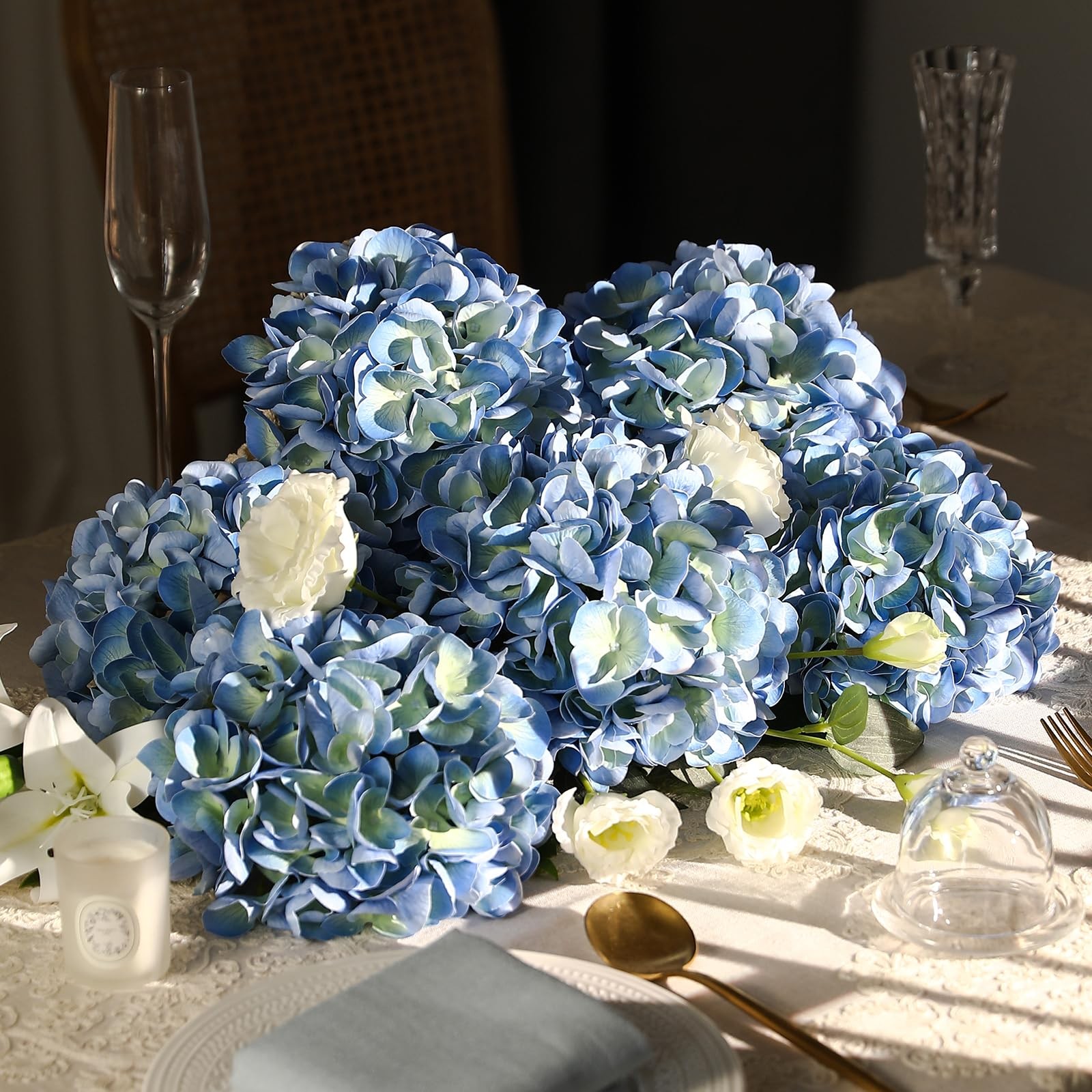 Blue Hydrangea Artificial Flowers – 3Pcs 22.44In Large Faux Hydrangea Flowers…