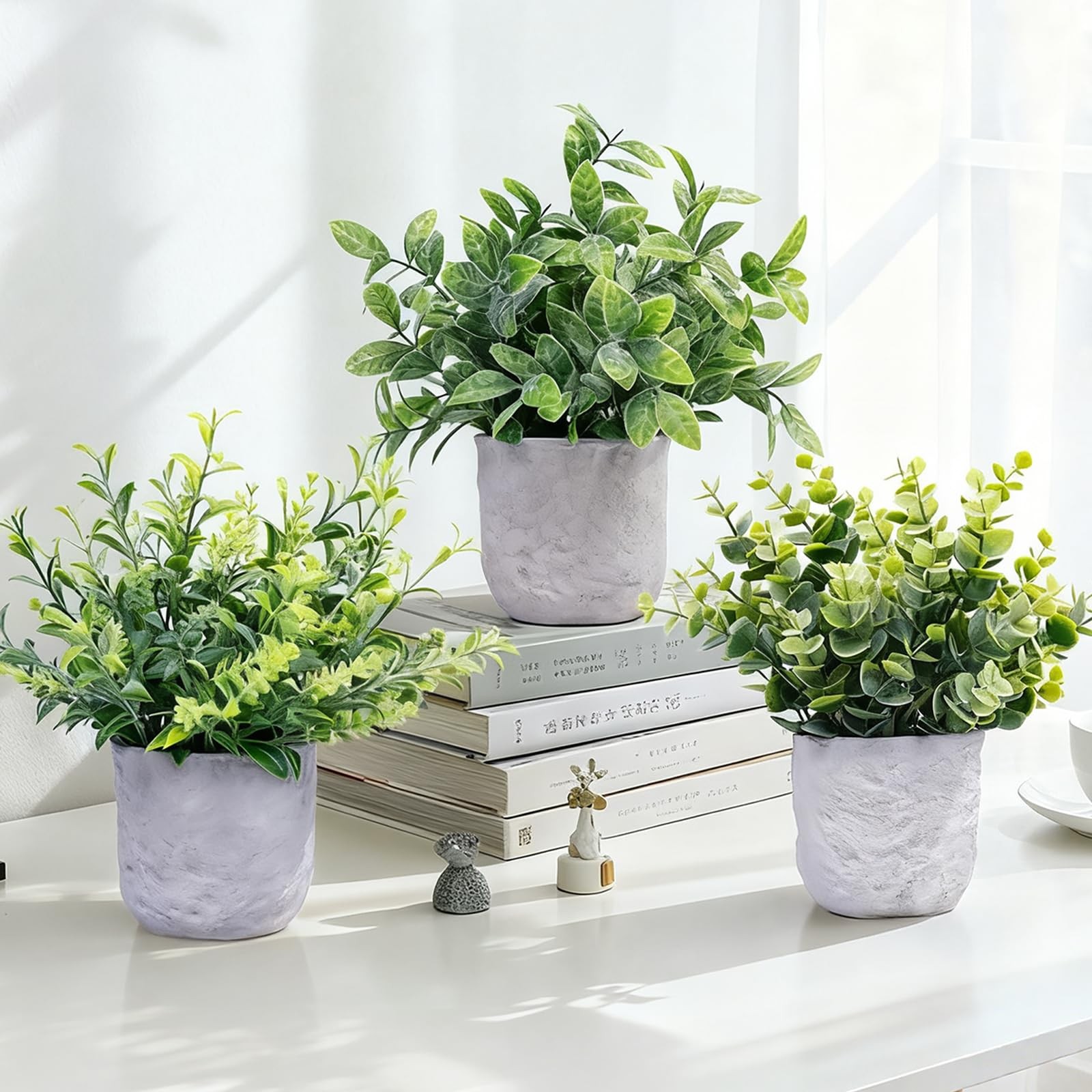 3-Pack Potted Artificial Plants, Small Eucalyptus Faux Plants for Shelf Desk …