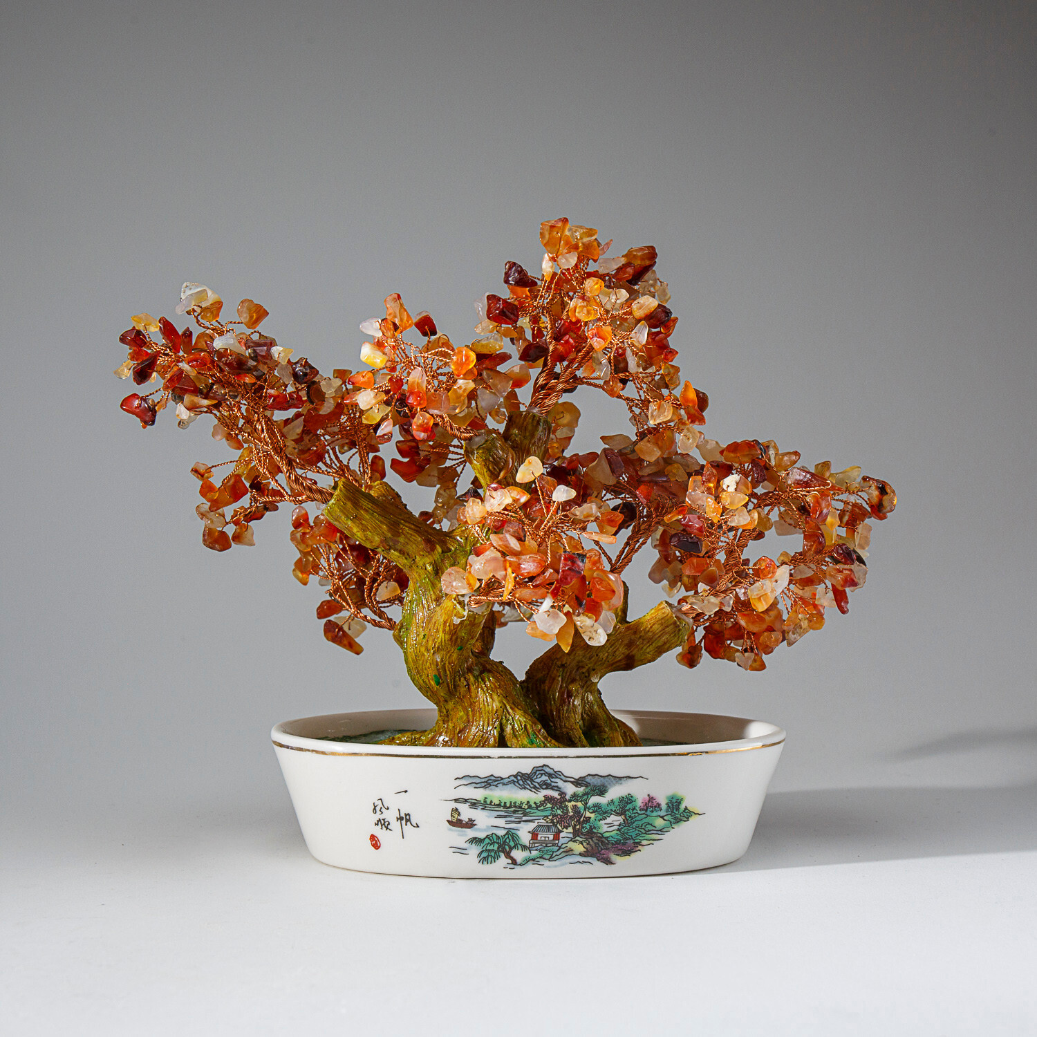 Genuine Carnelian Bonsai Gemstone Tree in Oval Ceramic Pot (8”)