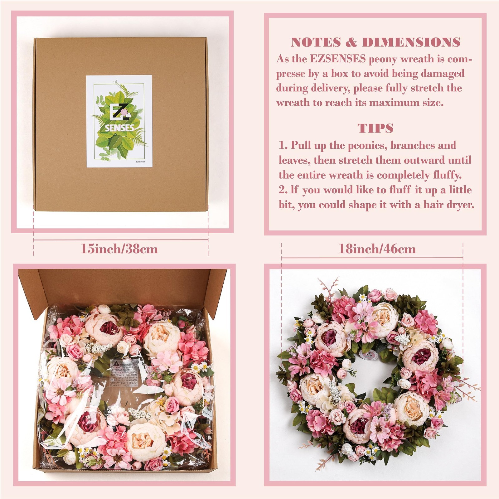 18″ Light Pink Peony Wreath – Spring Floral Door Decor, Wedding & Housewarming G