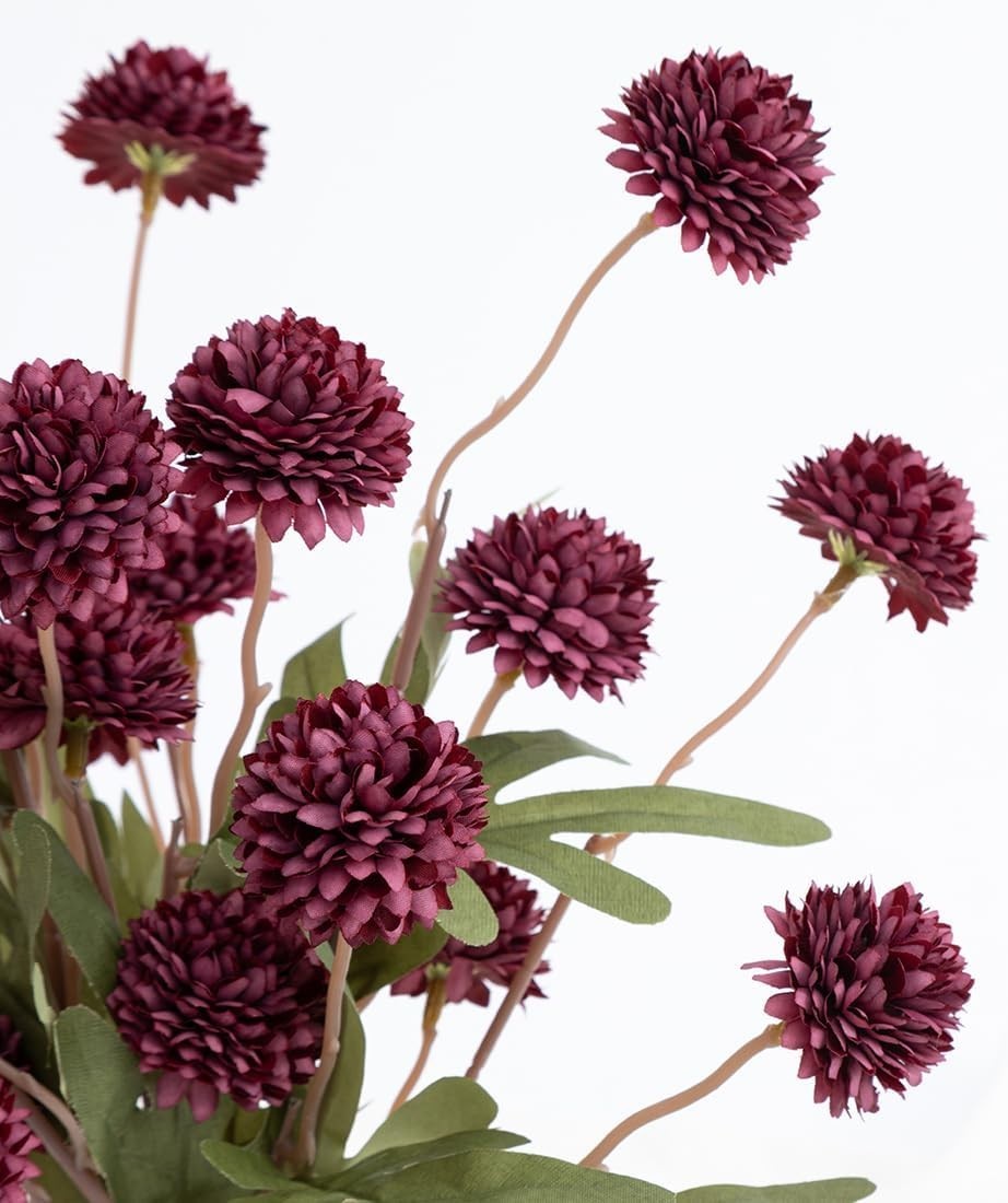 5 PCS Burgundy Artificial Pompon Mum Flowers Silk Mini Chrysanthemum Ball