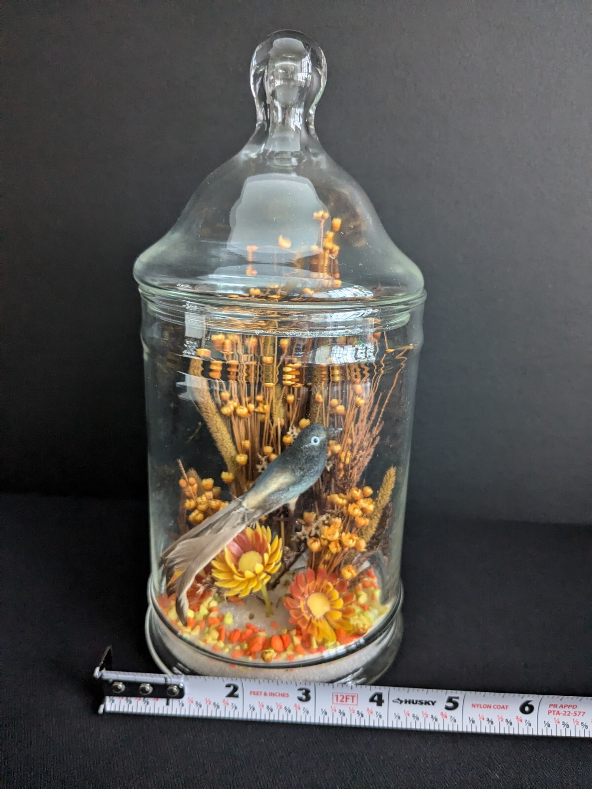 Vtg 1970’s Bird & Flowers Arrangement Dome Orange Yellow Brown Fall Decor