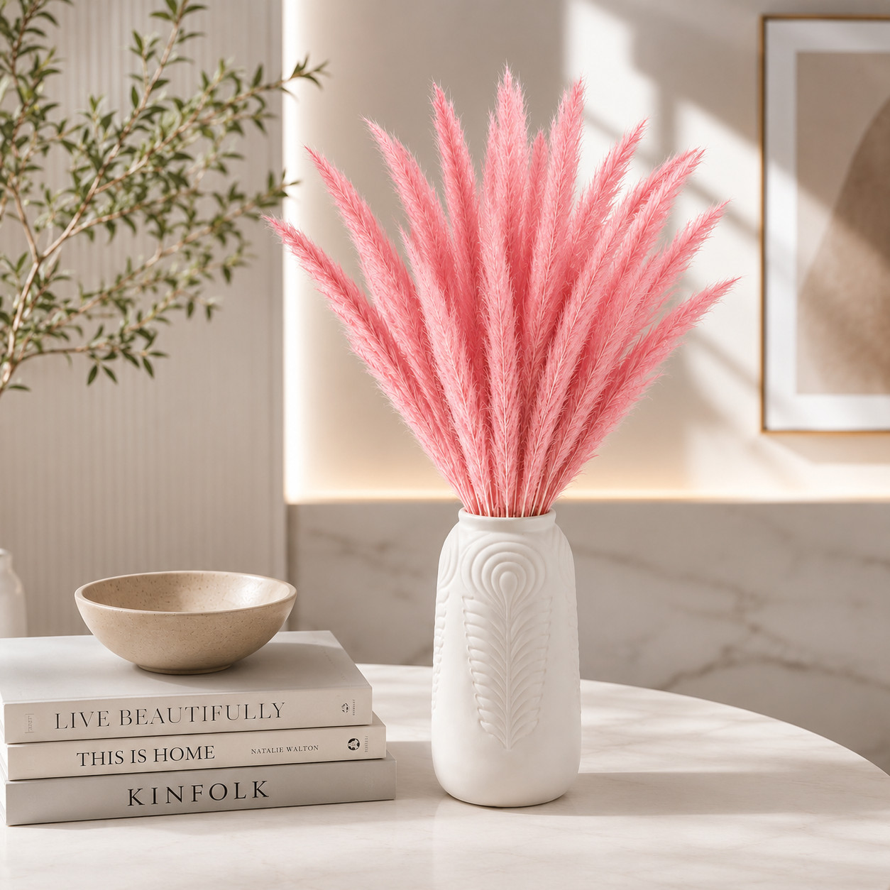 2 Pack Pink Pampas Grass 30 Stems Total 20-21″ Dried Boho Decor