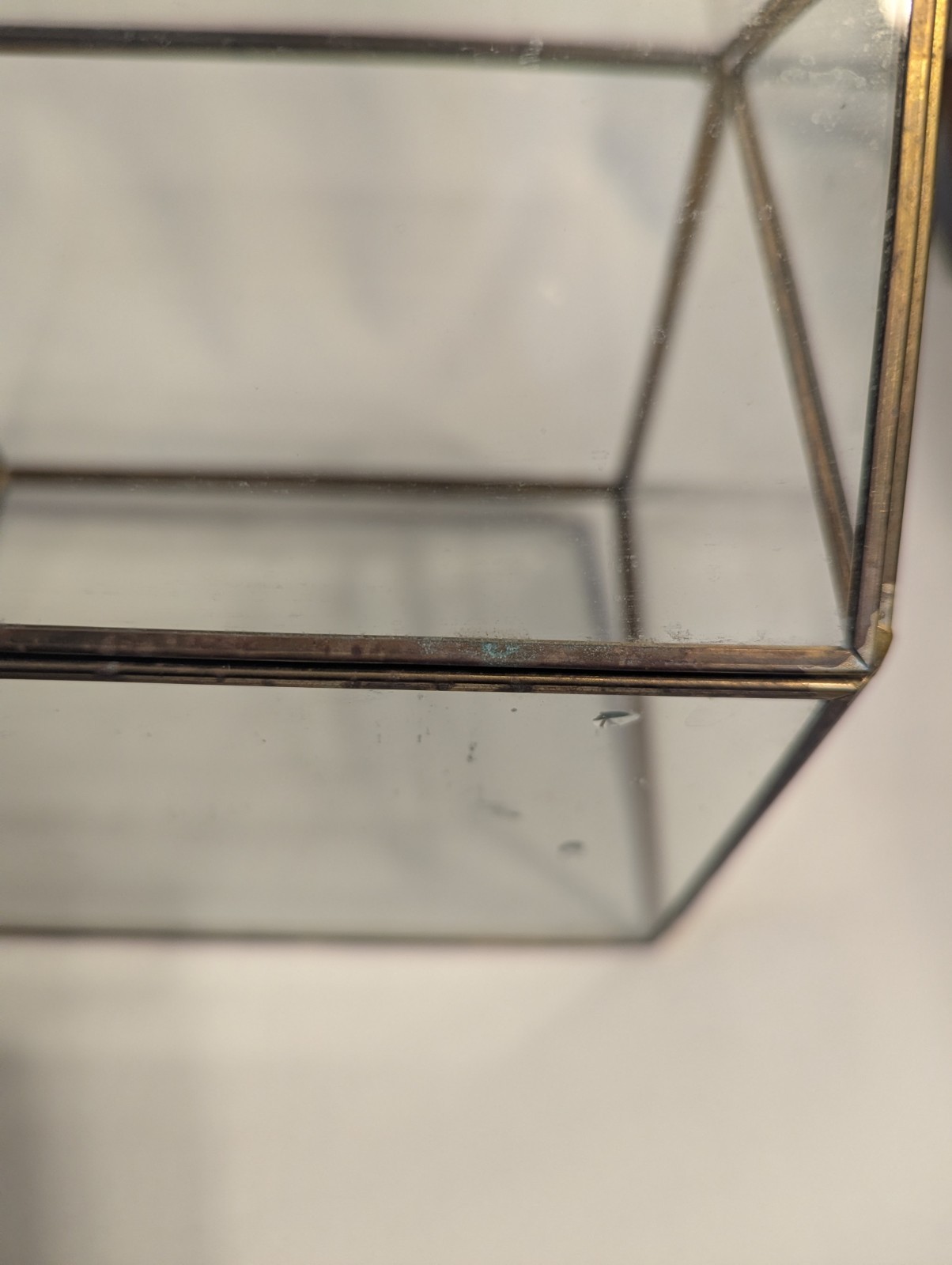 Small house shaped metal and glass terrarium