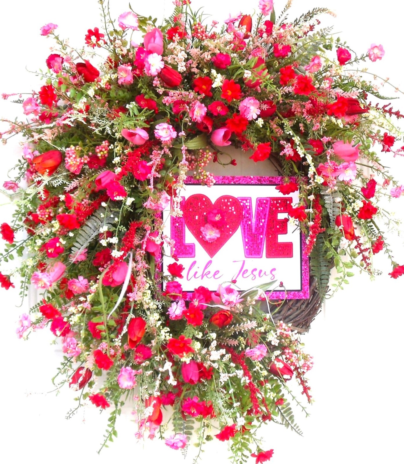 Wildflower Spiritual Door Wreath, Pinks/Reds/Whites Spring Easter Any Season