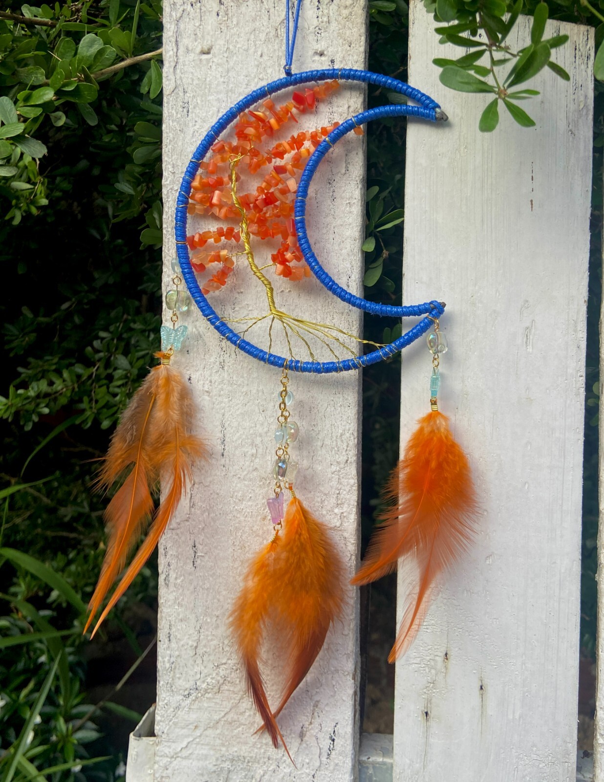 Mystical Blue Moon Dream Catcher with Tree Motifs and Delicate Stone Details