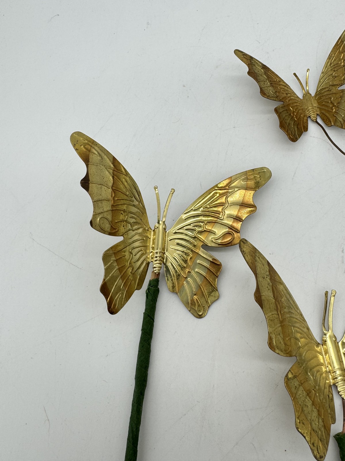 Vintage Gold Metal Butterfly Picks Stems Floral Craft Decor Set of 3