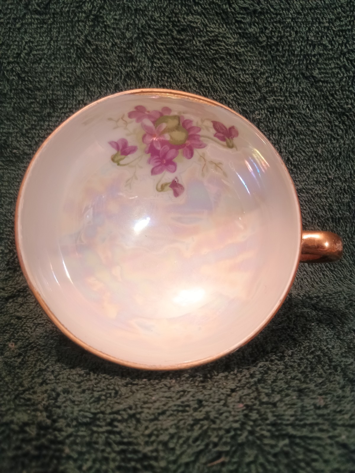 Purple Flowers With Orange And Gold Trim. Cut Out Saucer