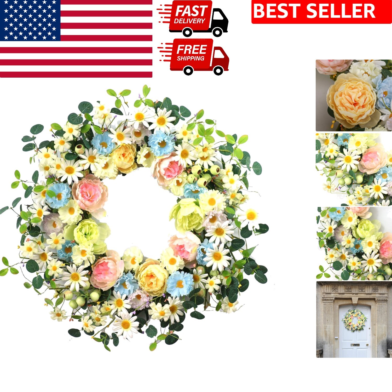 Colorful Spring & Summer Artificial Flower Wreath for Front Door & Decor