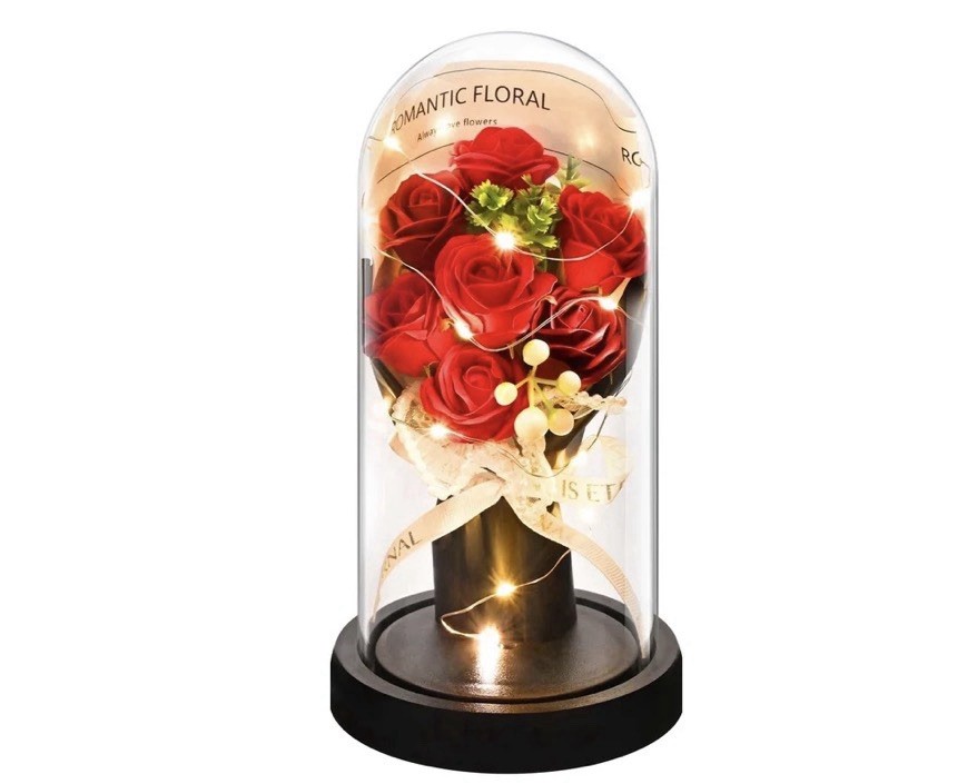 Artificial Pink Rose Bouquet Under Glass Dome w/ LED Lights 8.19in