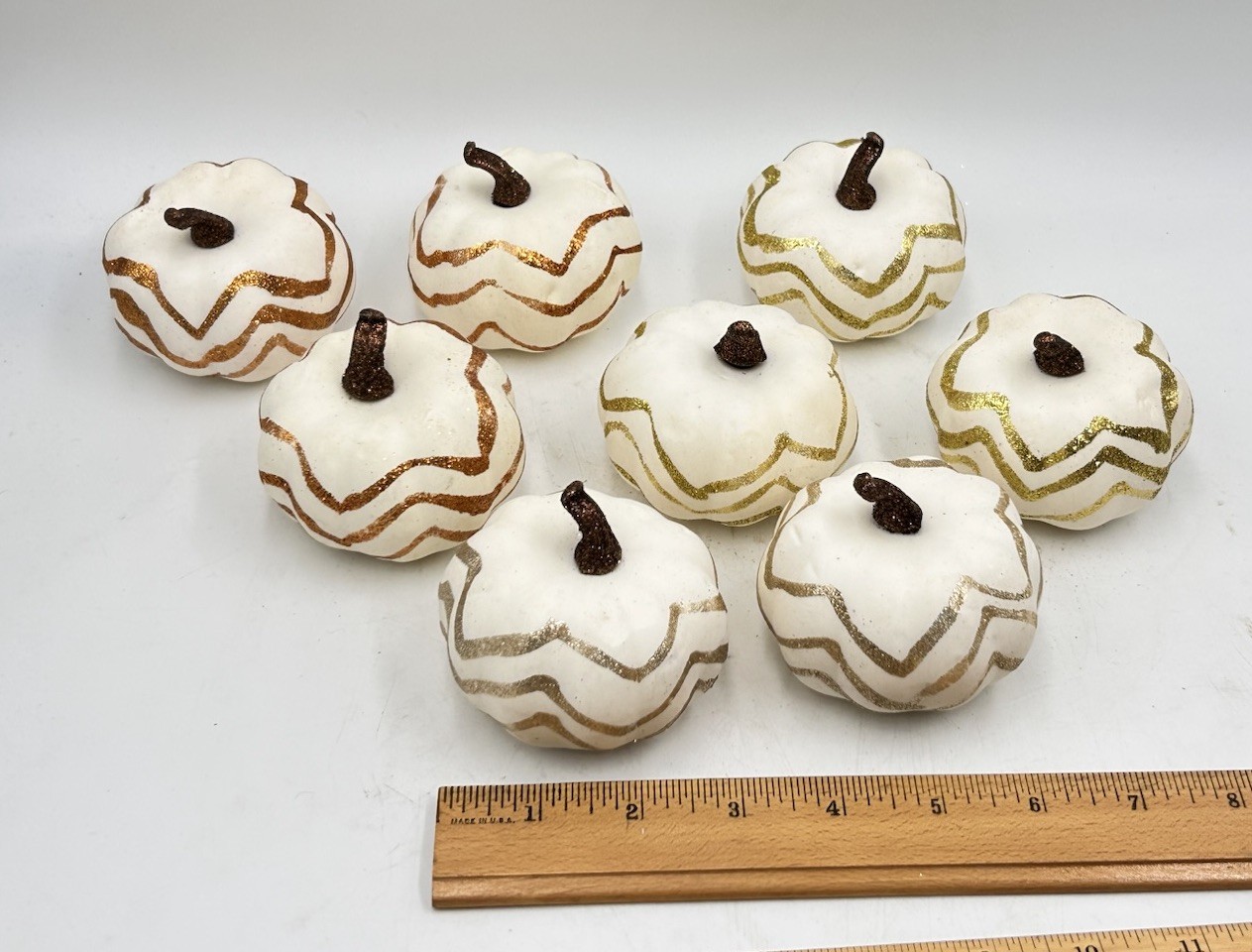 Artificial Faux Pumpkins, 8 PCS White Lifelike Zig Zag Gold/Bronze Paint Glitter