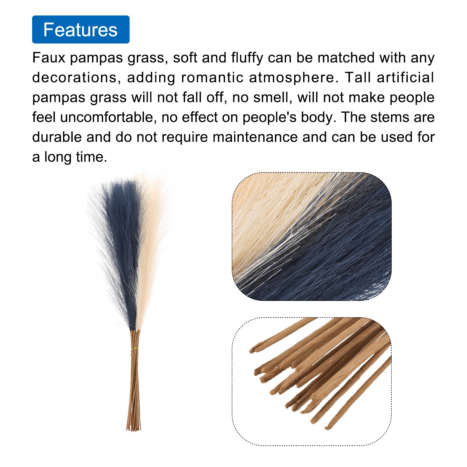 20 Pcs Dark Blue/Beige Faux Pampas Grass 55cm Fake Pampas Grass Decor