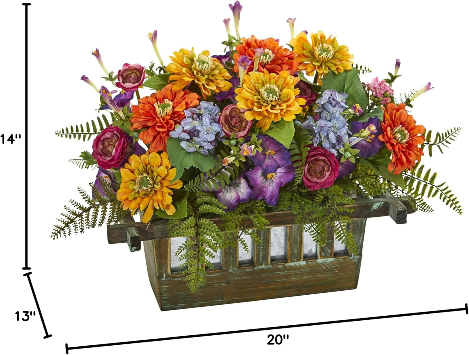 Vibrant Mixed Floral Arrangement in Wooden Planter – 13x20x14 Inches