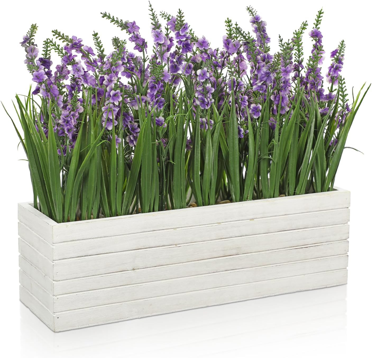 14″ Lavender Flower Arrangement in Rustic Wood Planter for Home Decor