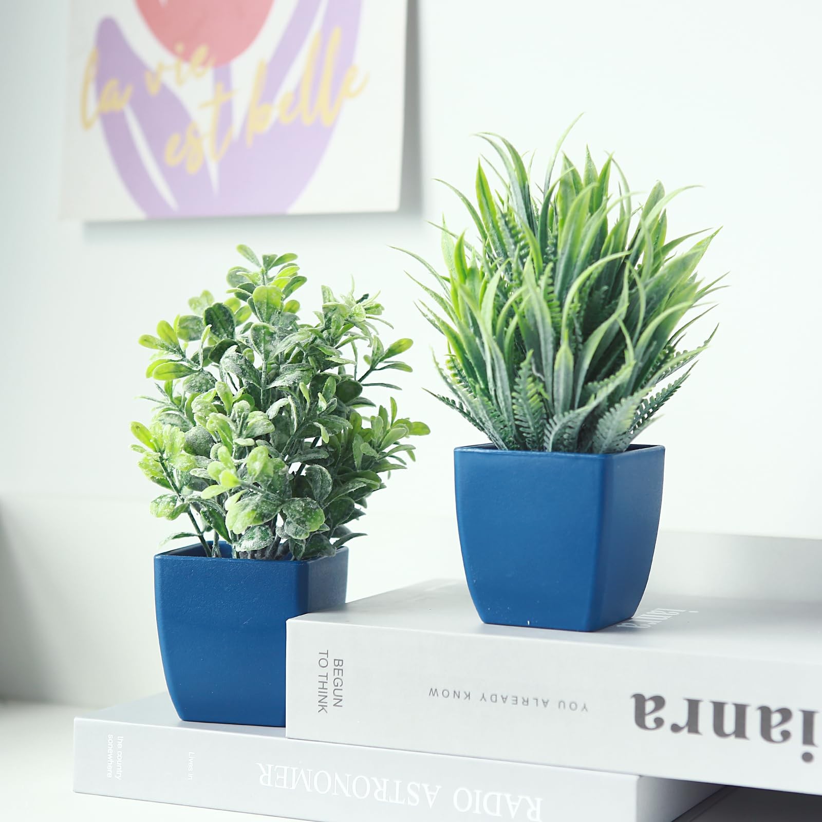 2 PCS Small Fake Plants In Blue Pot Artificial Eucalyptus Rosemary Decor